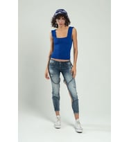 sifu tekstil  Kare Yaka Kadın Yığma Desen Spor Askılı Triko Atlet Crop Top Bluz SFYZ1003 (SAKS MAVI)