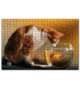 Cakapuzzle Fanustaki Balık ve İzleyen Kedi  Puzzle Yapboz MDF (Ahşap) (255 Parça)