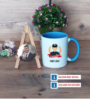Erkek Polis Kupa Bardak Beyaz ve Fotoğraflı Ahşap Anahtarlık Hediye (Model 4)