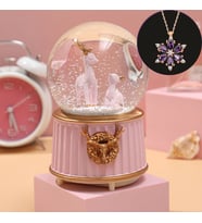 Geyikli Orta Boy Işıklı Müzikli Kar Küresi Ve Lotus Çiçeği Kolye (Pembe)