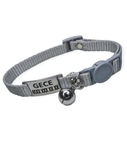 Güvenlik Kilitli isimli Kedi Tasması, isimlikli Kedi Tasması, Kedi Künyesi, Safety Click tasma (Gri)