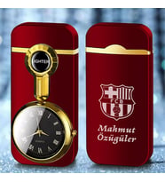 Kişiye Özel İsim Metal Rüzgar Geçirmez Saatli Gazlı Çakmak Takım Taraftar Baskılı (Bordo)