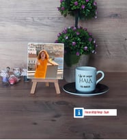Halaya Hediye Fotoğraflı Dekoratif Taş, Ahşap Altlıklı Türk Kahvesi Fincanı Hediye (Model 7)