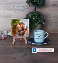 Eşe Hediye Mr Fotoğraflı Dekoratif Taş, Ahşap Altlıklı Türk Kahvesi Fincanı Hediye Yıl Dönümü Hediyesi (Model 4)