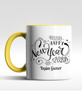 Kişiye Özel Happy New Year 2022 Tasarımlı Siyah Kupa (Sarı)