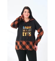 Ekoseli Oversize Kapüşonlu Büyük Beden Dokuma Sweatshirt (Taba)