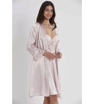 Pierre Cardin Kadın Saten Gecelik Sabahlık Takım-13784 (Pudra)