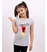 Toontoy Kız Çocuk Dondurma Baskılı Tişört ( Gri-Melanj)