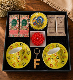 El Yapımı Çini Fincan & Çini Kase & Epoksi Harf Anahtarlık & Lotus Mum  & Kahve & Mendil & Hediye Seti (Sarı)