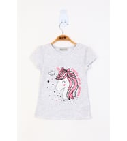 Toontoy Kız Çocuk Unicorn Baskılı Pul İşlemeli Tişört ( Gri-Melanj)