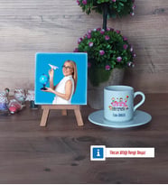 Coğrafya Öğretmeni Fotoğraflı Dekoratif Taş, Ahşap Altlıklı Türk Kahvesi Fincanı Hediye (Model 2)