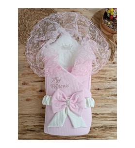 Ekru Kız Bebek Battaniyesi Dantelli Kundak Hastane Çıkışı Yenidoğan %100 Doğal Pamuktan Hediyelik (Pembe)