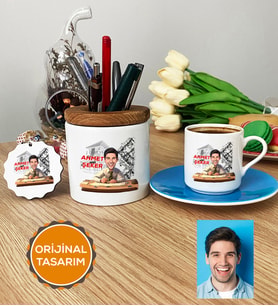 Kişiye Özel Karikatürlü Mimar Hediye Seti Türk Kahvesi Fincanı, Kalemlik, Anahtarlık Erkek Mimara Mimarlar Günü Hediyesi (Mavi)