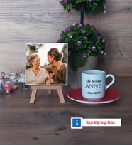Anneye Doğum Günü Hediyesi Fotoğraflı Dekoratif Taş, Ahşap Altlıklı Türk Kahvesi Fincanı Hediye (Model 3)