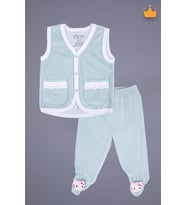 Babyhola Kadife Yelek Patikli Pantolon Unisex Bebek 2'li Set Yeşil (Krem)