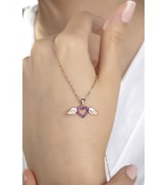Kadın Orijinal 925 Ayar Gümüş Zirkon Taşlı Melek Kanat Kalp Model Kolye (Rose)