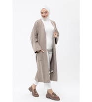 Kadın Kışlık Kimono Kol Cepli V Yaka Hırka 4100 (Vizon)