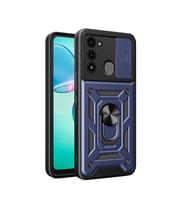 Tecno Spark 8C Kılıf Yüzüklü Standli Sürgülü Kamera Korumalı Tank Sert Silikon Kapak (Mavi)
