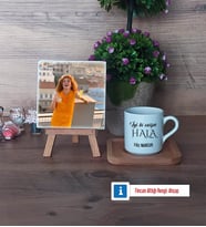 Halaya Hediye Fotoğraflı Dekoratif Taş, Ahşap Altlıklı Türk Kahvesi Fincanı Hediye (Model 1)