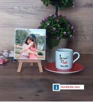 Harika Anne Fotoğraflı Dekoratif Taş, Ahşap Altlıklı Türk Kahvesi Fincanı Hediye (Model 8)