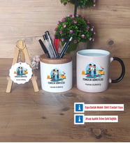 Temizlik Görevlisi Hediye Sepeti Kalemlik, Kupa Bardak Sihirli, Ahşap Anahtarlık Hediye (Model 1)