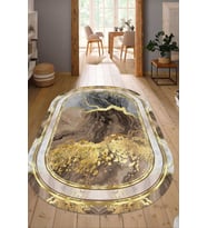 Dijital Baskılı Kaymaz Taban Yıkanabilir Oval Salon Halısı Mutfak Halısı Yolluk NDO-HY-1104 (Gold)