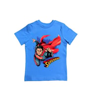 Superman baskılı pamuklu penye kumaş yazlık çocuk tişört (Mavi)