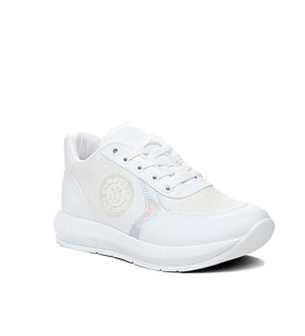 Modalendo Günlük Sneaker Yürüyüş Ayakkabısı Cilt Simli Kadın Ayakkabı (Beyaz)