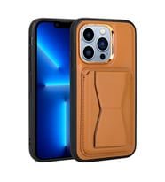 Apple iPhone 13 Pro Kılıf Kartlıklı Standlı Suni Deri Memo Kılıf (Açık Kahverengi)