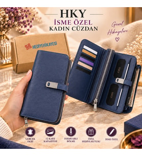 HKY Çok Kullanışlı İsme Özel Büyük Boy Kadın Cüzdan (Lacivert)