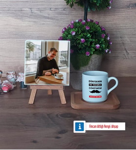 Erkek Öğretmene Hediye Fotoğraflı Dekoratif Taş, Ahşap Altlıklı Türk Kahvesi Fincanı Hediye (Model 1)