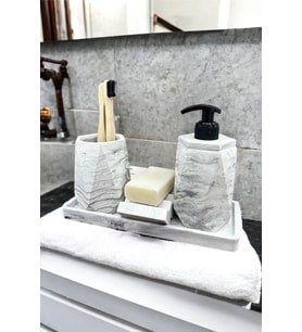4 Parça Mermer Desenli Beton Banyo Seti Katı Sıvı Sabunluk Diş Fırçalık Tepsi (Siyah Beyaz)