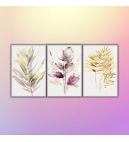 3'lü Metal Çerçeveli Cam Tablo Seti Soft Pastel Lila Çiçekler (Gümüş)