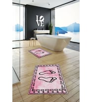EVDEYA Baskılı Yıkanabilir Çerçeveli Ayak İzi Desenli İkili Banyo Halısı Klozet Takımı, KLOZET-19-BEYAZ, (Pembe)