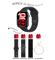 Samsung Galaxy M23 Uyumlu Açık Mavi Akıllı Saat Watch 10 Mini Kordon Hediyeli AMOLED EKRAN 41MM (Siyah)