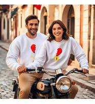 Sevgililer Günü Kombin Erkek Kadın Kalp Kilidi Görselli Bisiklet Yaka Sweatshirt 5016 (Beyaz)