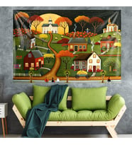 Köy Evleri Tablo Desen Leke Tutmaz Kadife Kumaş Duvar Örtüsü Duvar Halısı Tapestry (Çok Renkli)