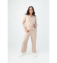 Kadın Büyük Beden Keten Kumaş Polo Yaka İkili Takım 8071-24 (Vizon)