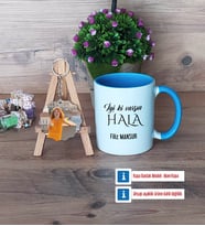 Halaya Hediye Kupa Bardak Beyaz ve Fotoğraflı Ahşap Anahtarlık Hediye (Model 4)