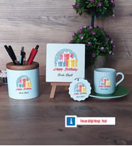 Doğum Günü Hediyesi Hediye Seti Dekoratif Taş, Kalemlik, Ahşap Altlıklı Türk Kahvesi Fincanı, Ahşap Anahtarlık Hediye (Model 9)