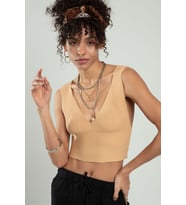 Sifu Tekstil Kadın Spor Atlet Fitilli Triko Büstiyer Crop Top Bluz SFYZ1012 (Bej)
