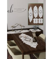 Nur 5 Parça Lüks Boncuklu Runner Salon Oda Sehpa Masa Örtü Takımı Fransız Güpürlü Çeyizlik Set Gri (Krem)