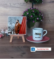 Maden Mühendisi Fotoğraflı Dekoratif Taş, Ahşap Altlıklı Türk Kahvesi Fincanı Hediye (Model 6)