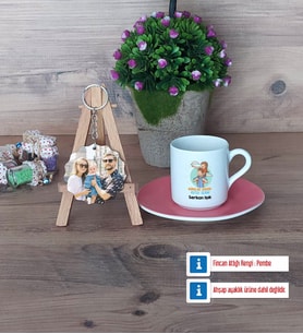 Babalar Günü Hediyesi Türk Kahvesi Fincanı Ahşap Altlıklı ve Fotoğraflı Ahşap Anahtarlık Hediye Babaya Hediye (Model 6)