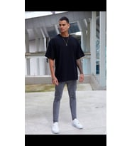 Unisex Renkli Bisiklet Yaka Oversize Boyfriend T-shirt (Siyah)