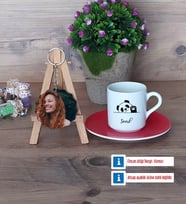 Sevimli Panda Türk Kahvesi Fincanı Ahşap Altlıklı ve Fotoğraflı Ahşap Anahtarlık Hediye (Model 3)