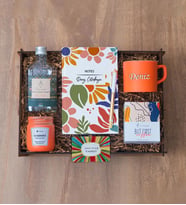  Dekoratif Ahşap Kutulu & 7 Farklı Model Kişiye Özel Hediye Seti, Defter,Kalem, Fincan, Kolonya, Mum, (Turuncu)