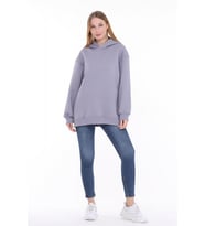 Pastelastore Pamuklu Kapüşonlu 3 İplik Şardonlu Kalın Oversize Sweatshirt (Gri - Lila)