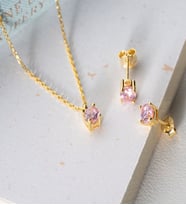 925 Ayar Gümüş Aylara Göre Doğum Taşı Tektaş Kolye - Küpe Seti (Gold)