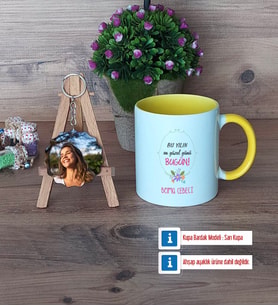Doğum Günü Hediyesi Kupa Bardak Beyaz ve Fotoğraflı Ahşap Anahtarlık Hediye (Model 7)